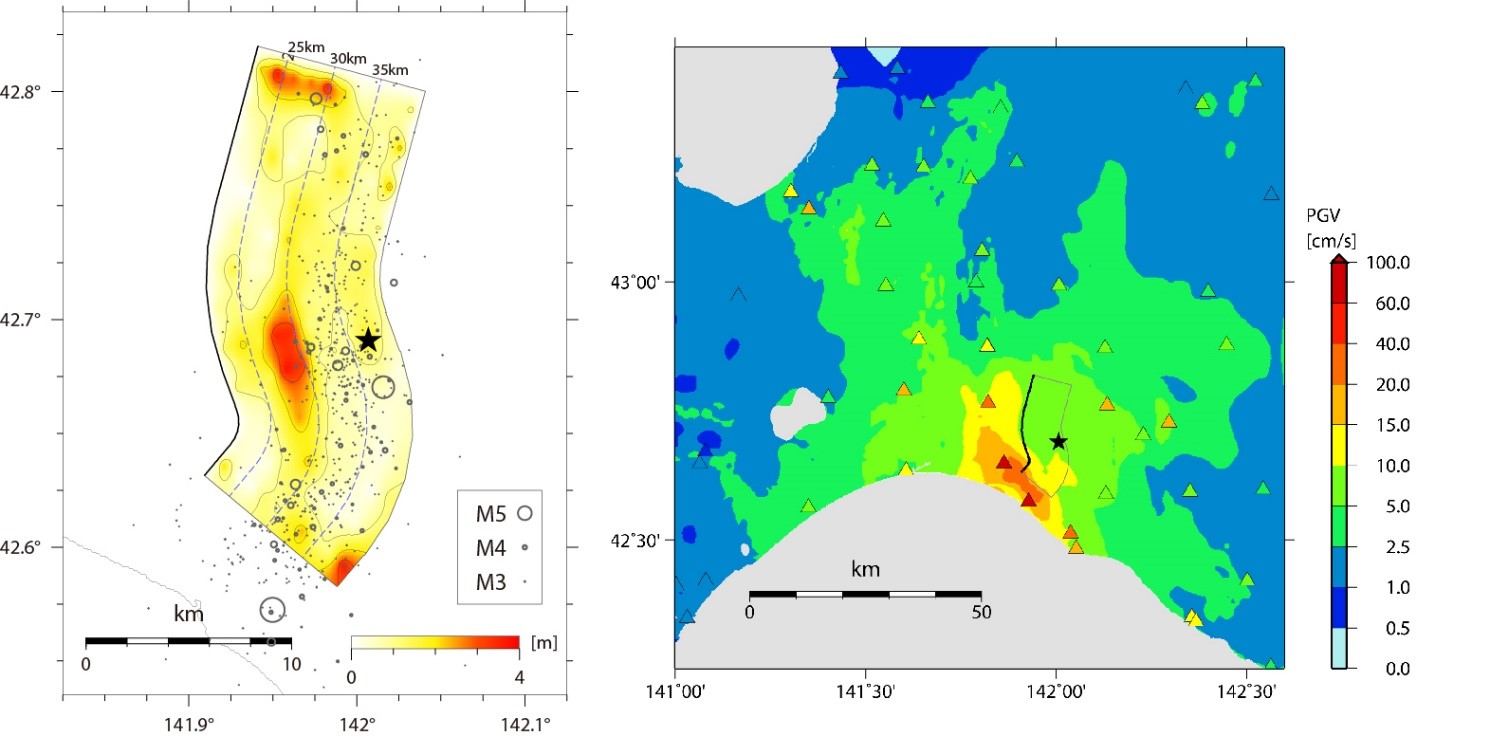 （左）強震記録から推定された平成30年北海道胆振東部地震の断層すべりの分布／（右）地震動シミュレーションの結果を地表最大速度（PGV）の分布で表示