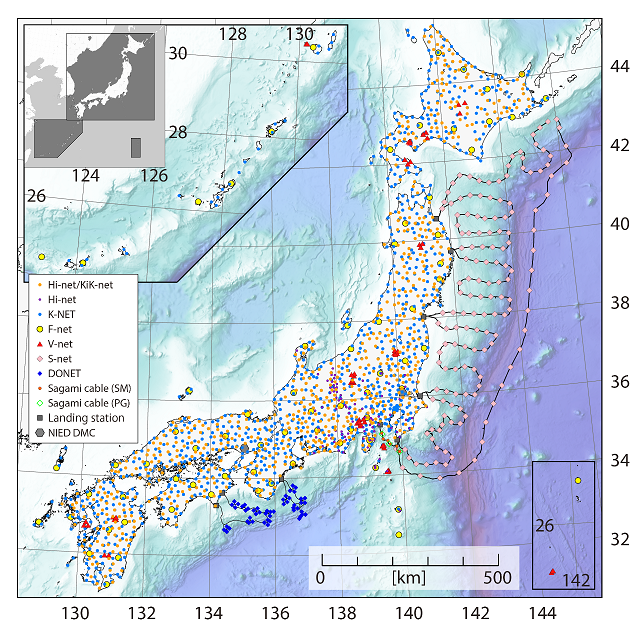 防災科研が全国に設置・運用する2100観測点あまりからなる陸海統合地震津波火山観測網MOWLASの観測点分布